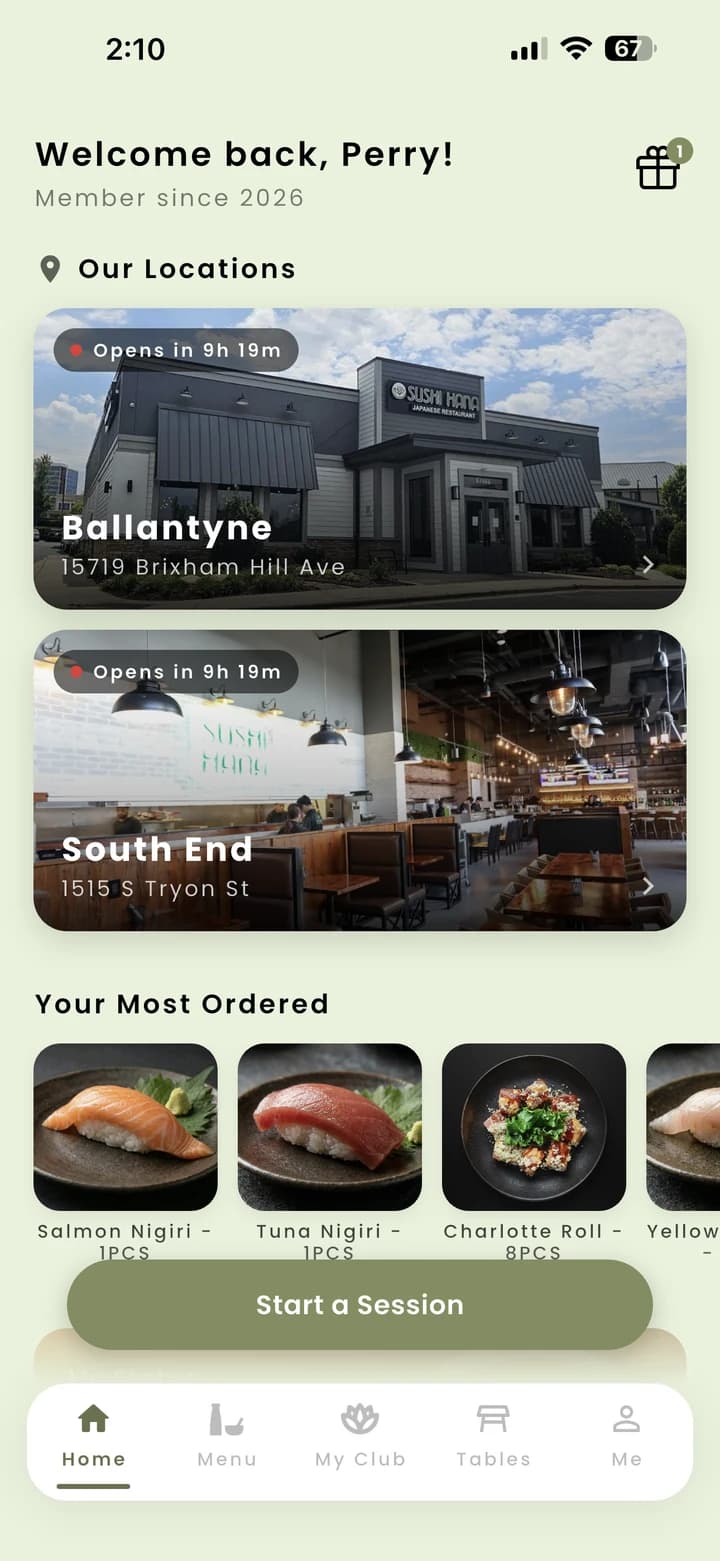 Sushi Hana Club locations and ordering home screen