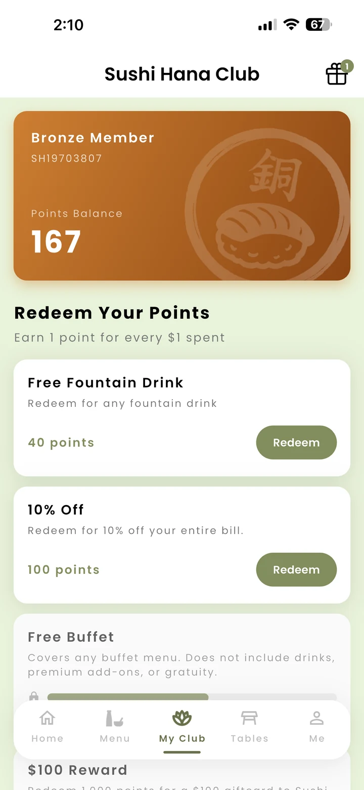 Sushi Hana Club loyalty rewards screen