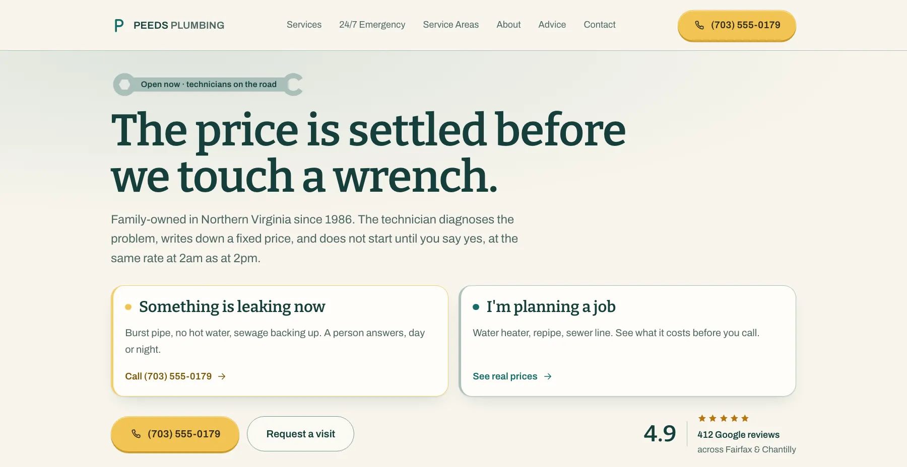 Peeds Plumbing website screenshot